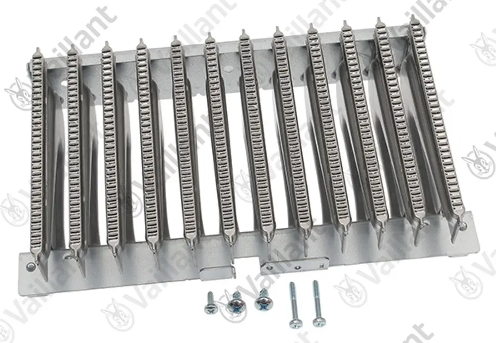 Metallic Brenner mit mehreren Rippenelementen, deutlich mit der Marke Vaillant markiert, ausgestattet mit Montageschrauben.